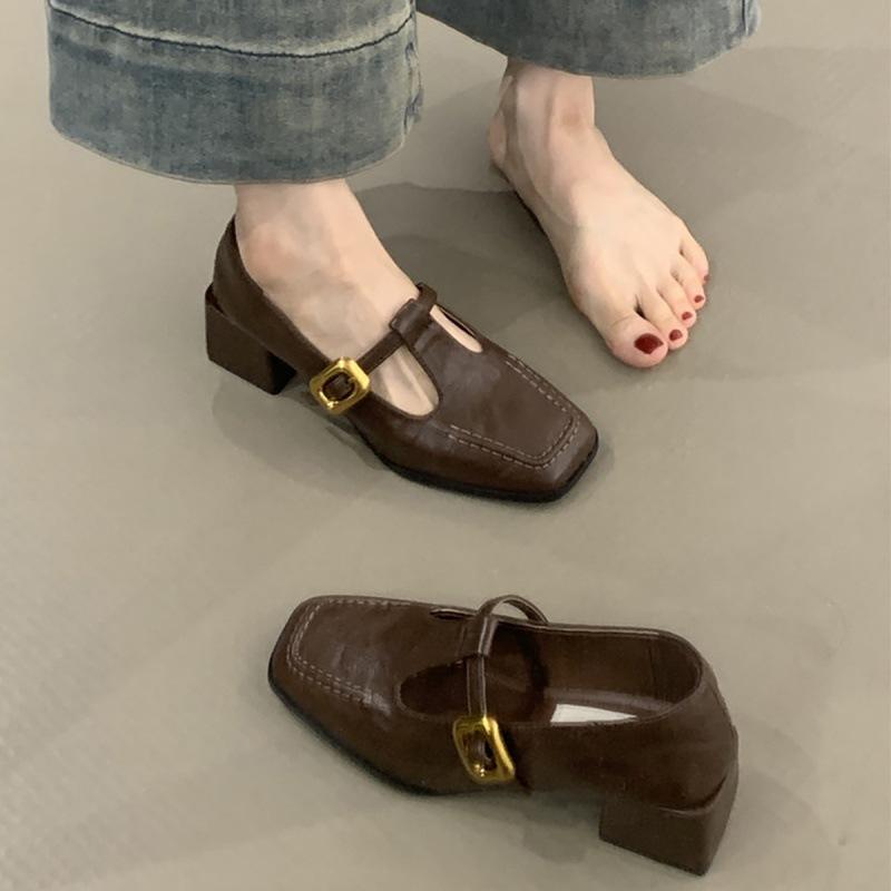 

Guttega~ Retro Square Head Temperament High Heel Mary Jane Shoes Light Mouth One-word Buckle Strap Thick Heel Commuter High Heels Women 39 коричневый