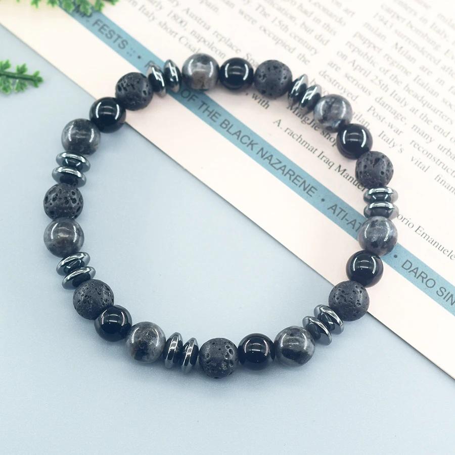 Klassisches Schwarzes Natürliches Labradorit Vulkangestein Perlen Armband Damen Herren Spiritueller Schutz und Energetische Balance Schmuck