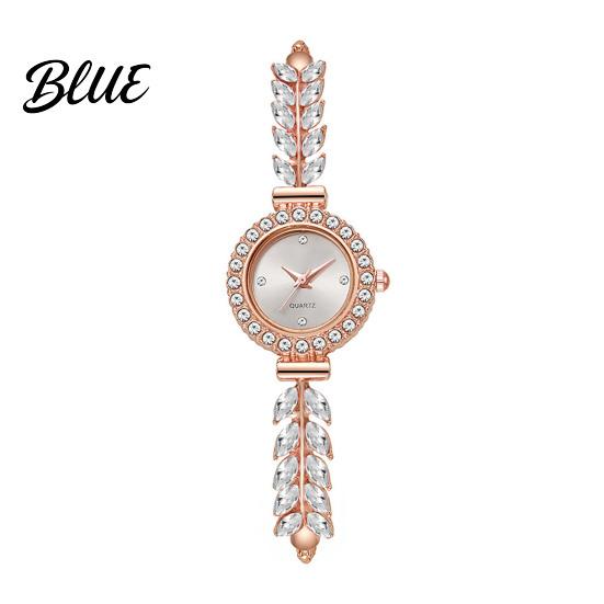 Quartz Movement Watch Women Rhinestone Leaf Round Dial Ladies Casual