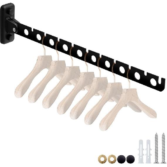 Wall Mount Coat Hanger,Folding Clothes Drying Racks,Sturdy Hanging Clothes Hanger,Laundry Room Drying Rack(10-Hole 1 Black)