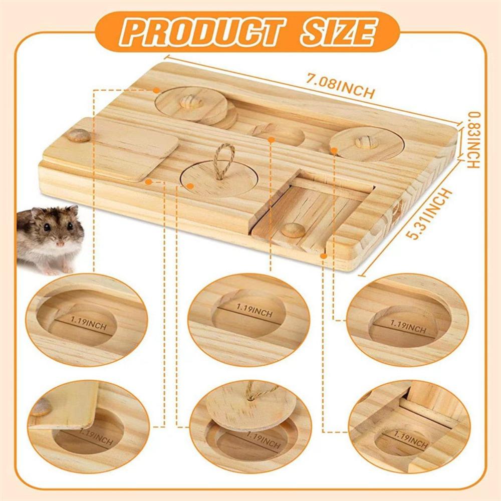 New Wooden Hamsters Foraging Toy 6 Food Holes Interactive Treat Dispenser Toy Natural with Lid Guinea Pig Feed Tray Pet Supplies
