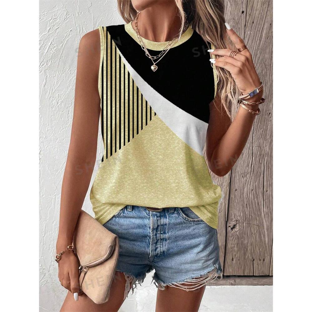 Summer color splicing 3D printing women's fashionable O-neck vest