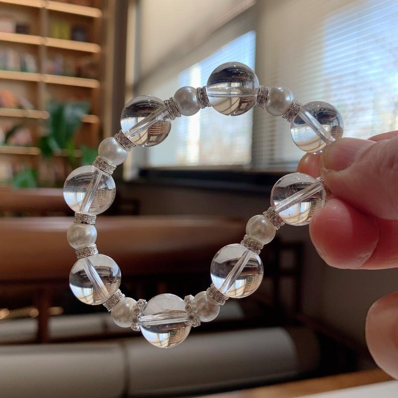 Natural White Quartz Crystal Bracelet Women 14mm Large Beads Handmade Strand Jewelry With Shell Elegant Minimalist