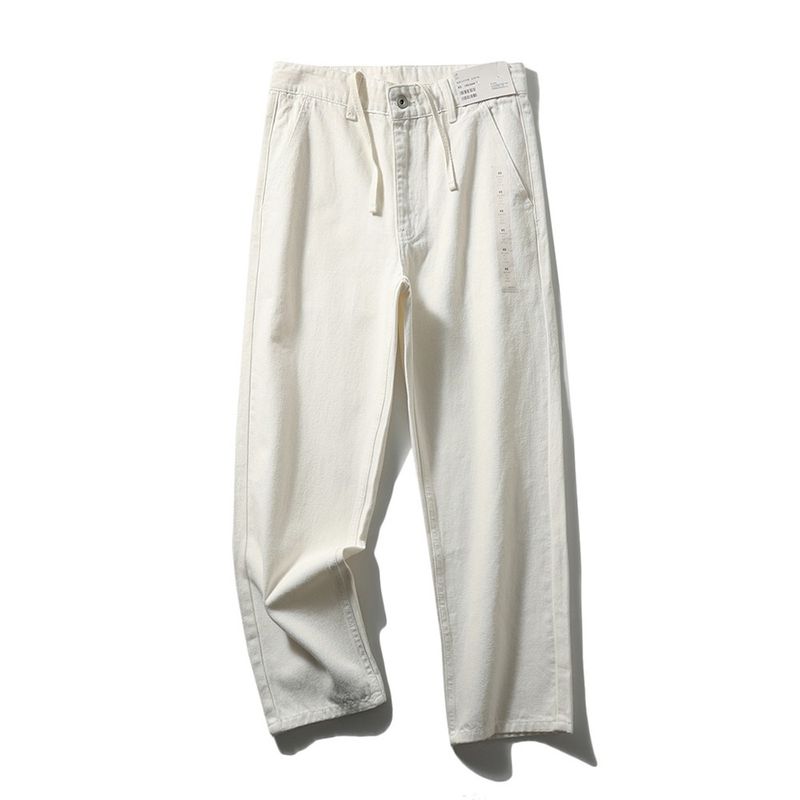 American Washed Pure Cotton White Denim Cropped Pants Men s Straight Pants Foreign Trade Export Men s Loose Casual Pants White S