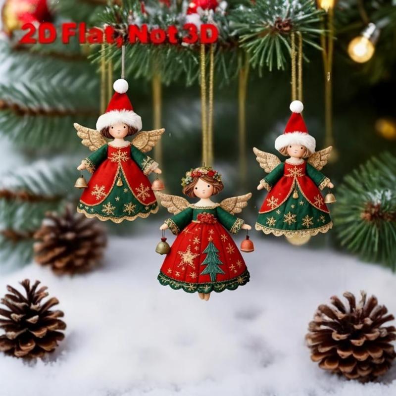 6Pcs Vintage Christmas Angel Hanging Ornaments With Delicate Embroidery Small Bells For Holiday Party Home Decor