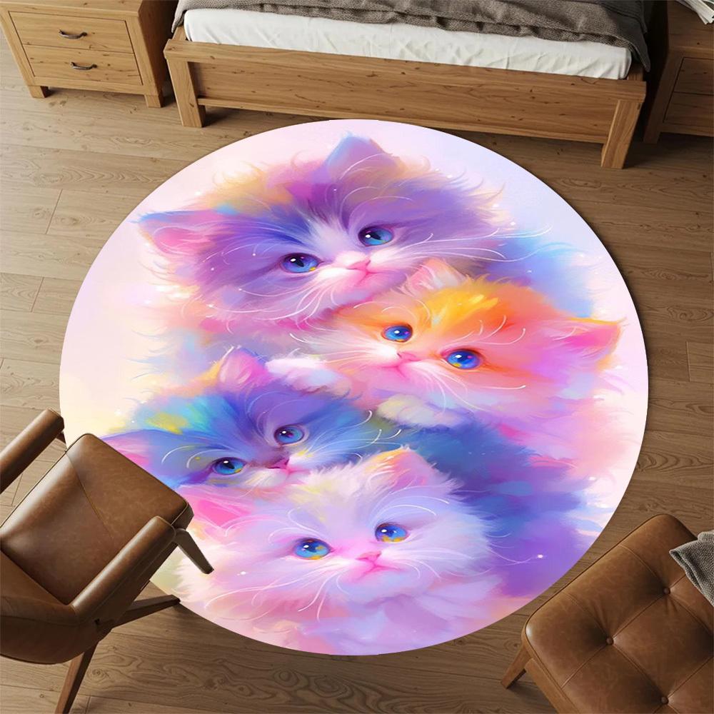 1PC Kitten Rainbow Fantasy Round Chair Mat Area Rug - Non-Slip, Floor Mat for Office, Bedroom, Home Decor Christmas Gift C0528080
