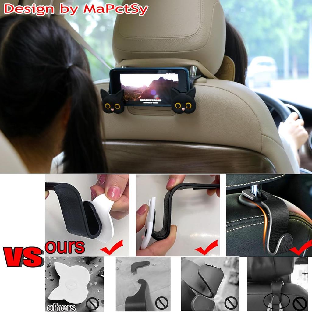 Car Seat Headrest Hooks - Cute Cartoon Cat Hook Vehicle Hanger For Purses, Bags, Coats, Umbrellas Holder (2Pc Black)