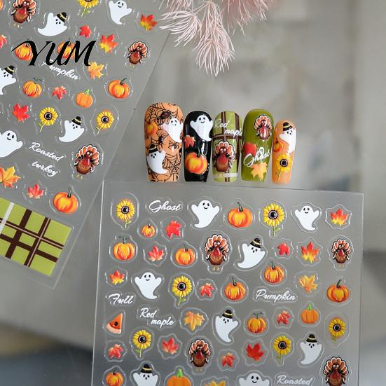 Waterproof Nail Art Supplies Stickers for Halloween Thanksgiving, Autumn Turkey Pumpkin Maple Fall Themed Accessories Leaf Manicure Sticker, Embossed