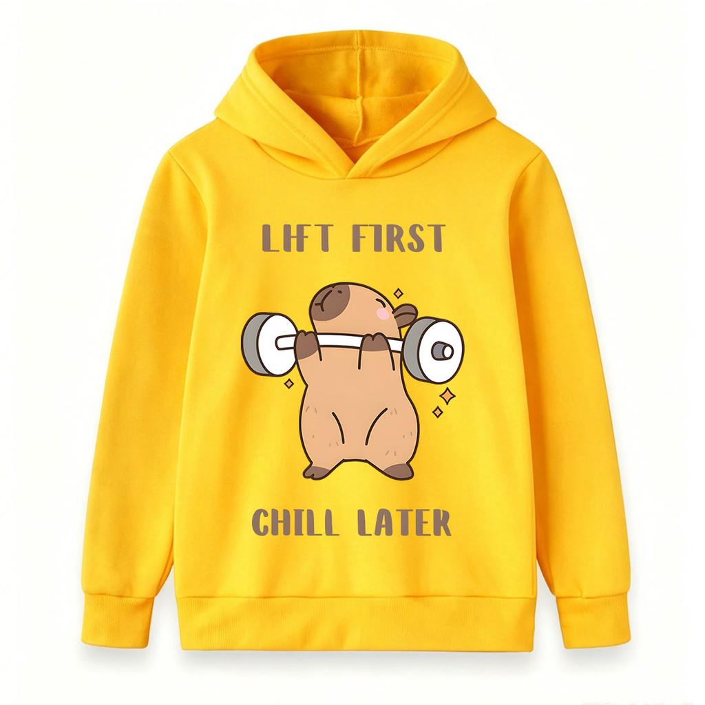 Kids Boys Girls Hooded Pullover Sweatshirt, Cute Capybara Lift First Chill Later Graphic Casual Soft Long Sleeve Hoodie For Daily Workout Playwear