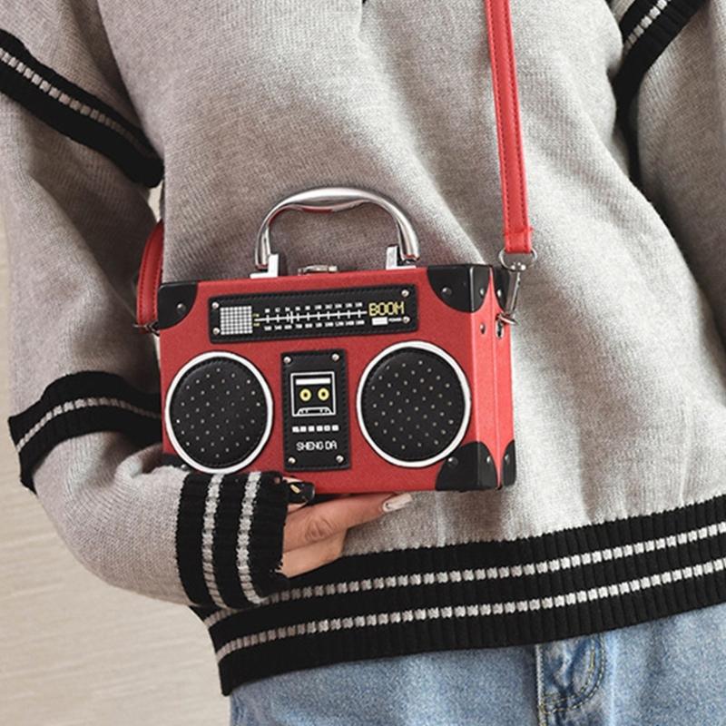 Women Radio Shape Shoulder Bag Simple Messenger Bag Creative Handbag and Purse Evening Bag PU Leather Crossbody Bag