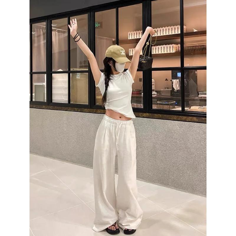 Wide Leg White Linen Pants Woman Casual Basic Summer 2024 Oversize Female Straight Trousers Baggy Elastic Waist Pants