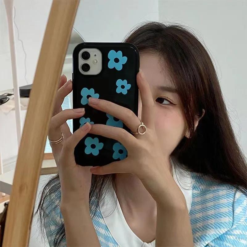 INS Fashion Blue Flower Phone Case For IPhone 16 Pro 15 14 13 12 11Promax XS XR 7 8 Plus Fashion Anti Fall Minimalist Cover Y2k