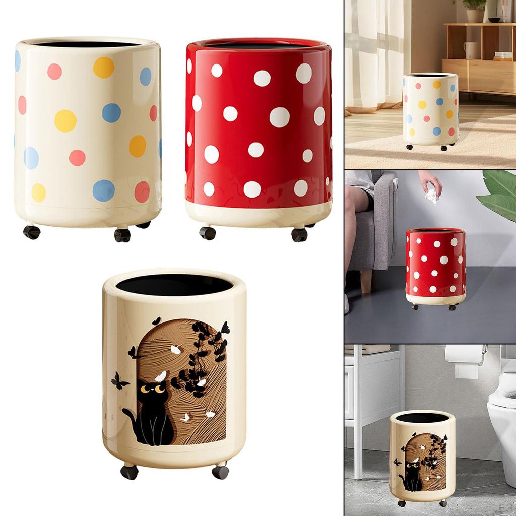 Polka Dot Trash Can Garbage 12L Dustbin with Wheels Uncover Waste Basket Recycling Bin for