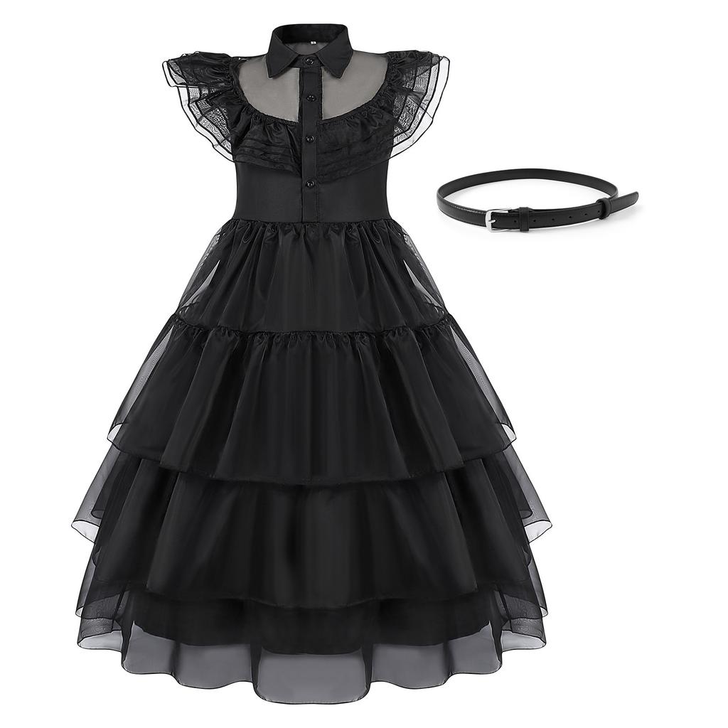 Girls Wednesday Addams Costume Dress, Gothic Party Cosplay, Halloween Role Play, Black Polyester Dress, 140cm