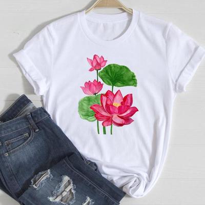 (Asiatische Größe) Frauen Print T-Shirt Top Blume Aquarell 90er Jahre Stil süße Kleidung Mode T-Shirt Dame weiblich lässig Kurzarm Grafik T-Shirt