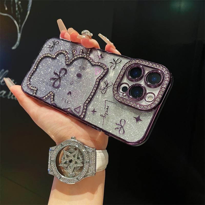 

Чехол для телефона с 3D-блестками и драгоценными камнями для iPhone 16, 15, 14 Plus, 13, 12, 11 Pro Max, гальванизированный силиконовый мягкий чехол-накладка из ТПУ iPhone 15 Pro Max темно-фиолетового