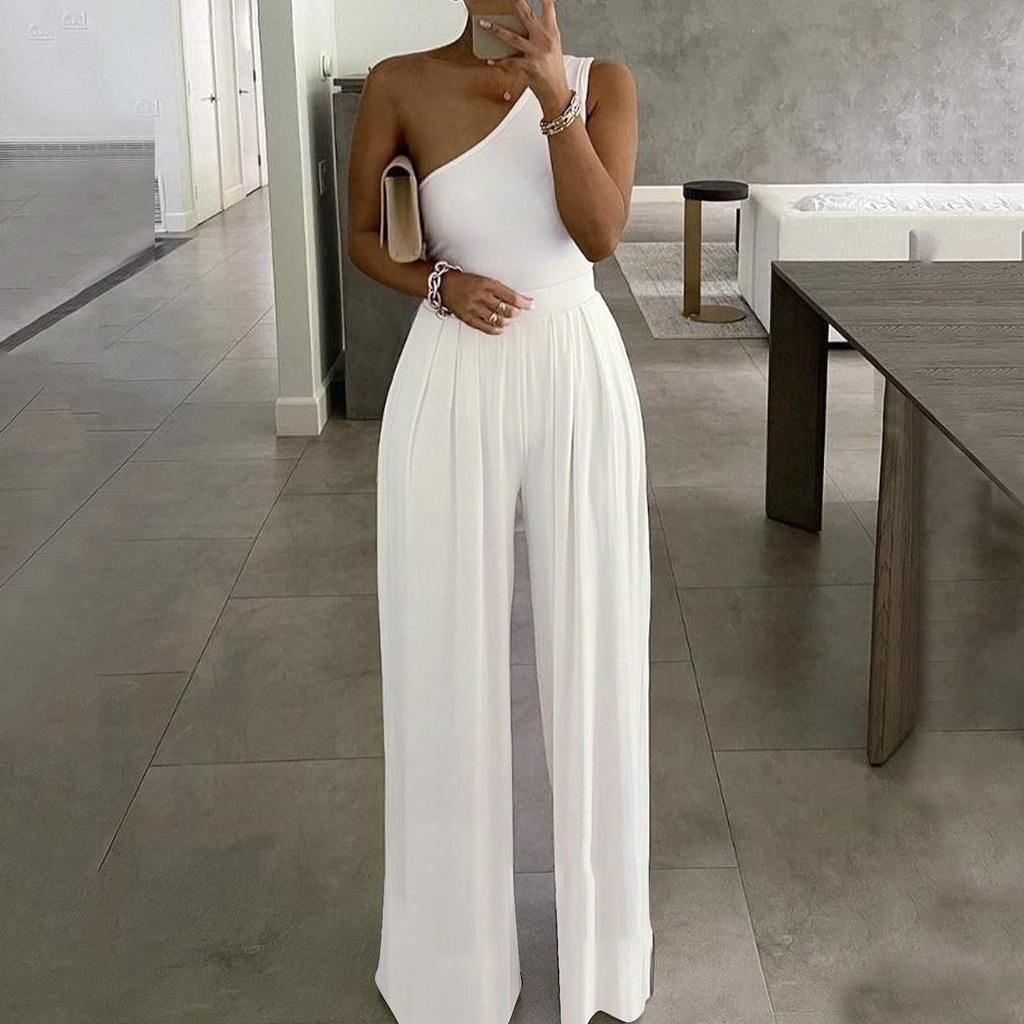 One Shoulder Sleeveless Jumpsuit For Women Fashion Print Wide Legs Pants Romper Elegant High Waist Jumpsuit