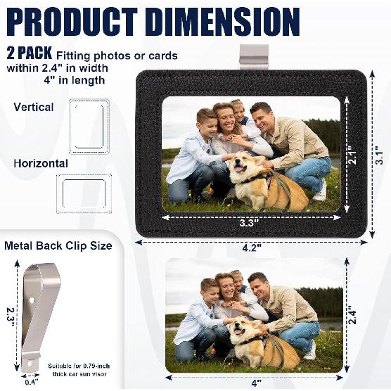 2 Pack Car Picture Frame Visor Clip Leather Sun Visor Photo Clip Holder Personalized Car Picture Holder Display Visor Photo Frame Vertical Horizontal