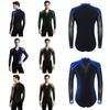 Sparkly Metallic Patchwork V Neck Bodysuit for Men Mesh Long Sleeve Rhinestone Leotard for Latin Ballet Figure Skating Gymnastics Training