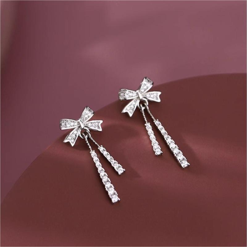 Delicate Three-dimensional Bow Earrings Female Fashion Small Earrings Tassel Earrings Niche Valentine's Day Simple Versatile Fashion Earrings Jewelry