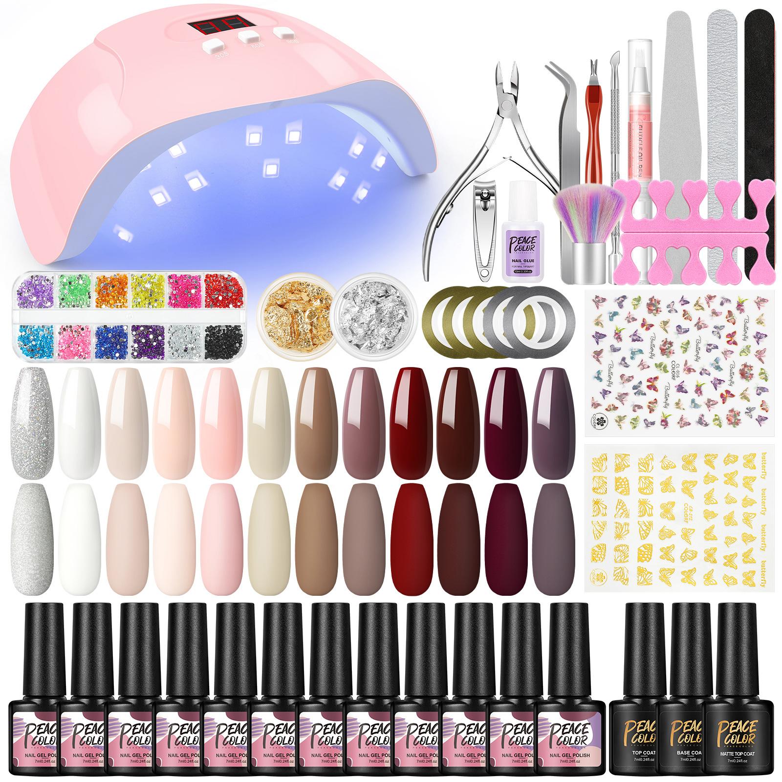 

PEACECOLOR 12 Colors Nail Gel Polish Set with Nail Lamp Base Matte Top Coat and Nail Art Decoration Rhinestone Manicure Tools for Nail Art Set