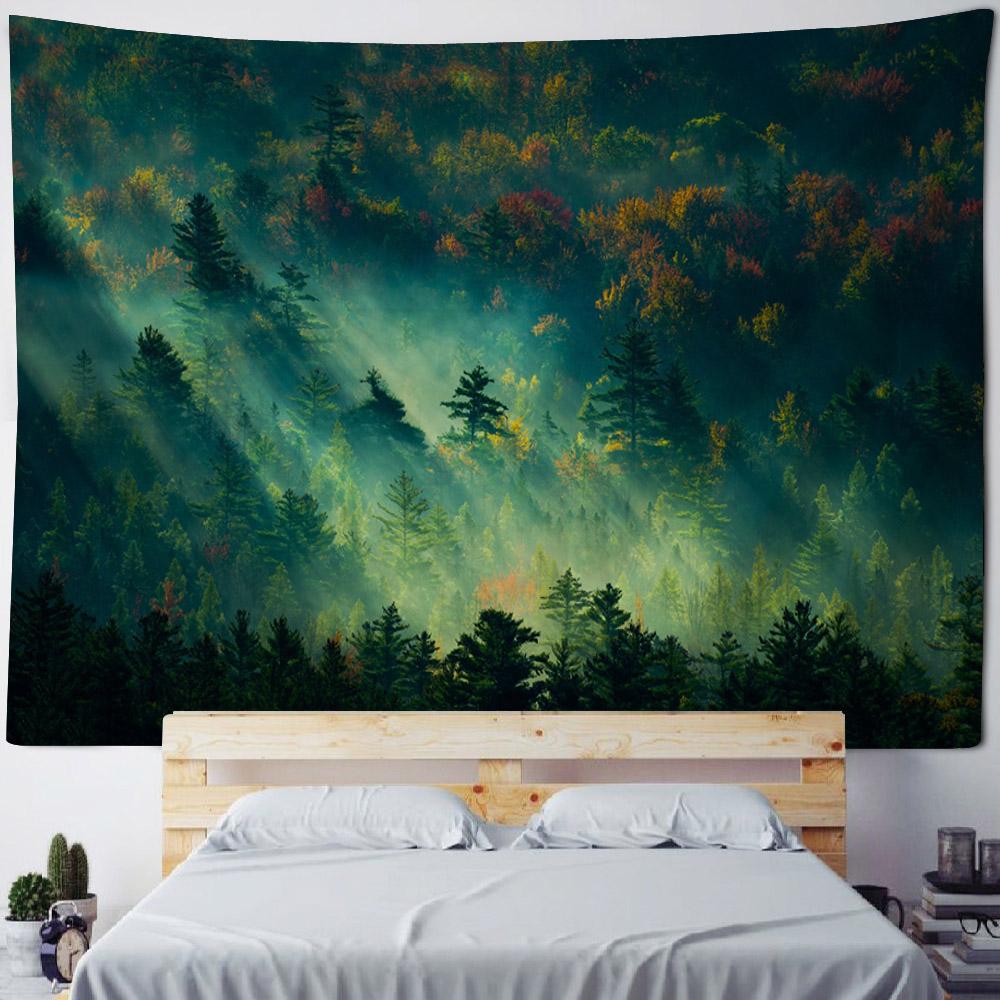 Beautiful Forest Tapestry Mist Jungle Landscape Wall Hanging Bohemian Fabric Decorative Carpet Home Room Background Poster