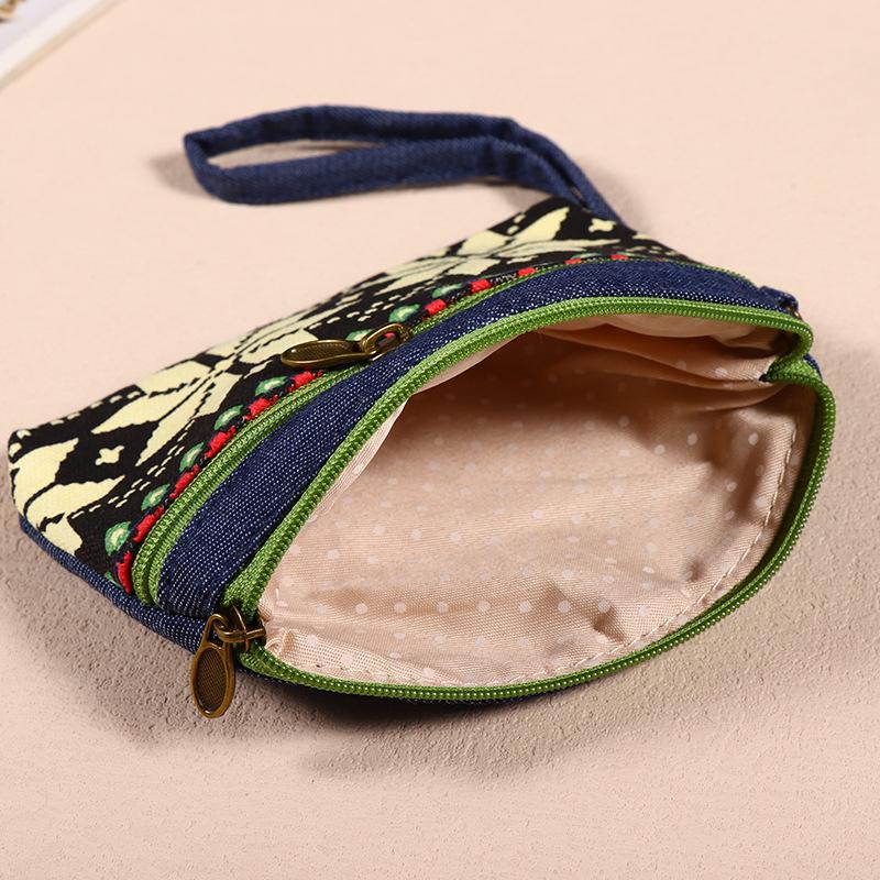 Neue ethnische Stil Handtasche Stoff Doppelreißverschluss Münzbörse Münzbeutel Ausgeh Schlüsselbeutel Kartenhalter Handgelenktasche Damen Handtaschen