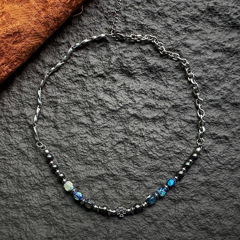 Ожерелье JAG из синих каменных кубиков на цепочке из нержавеющей стали - Ретро-китайский крутой стиль для мужчин