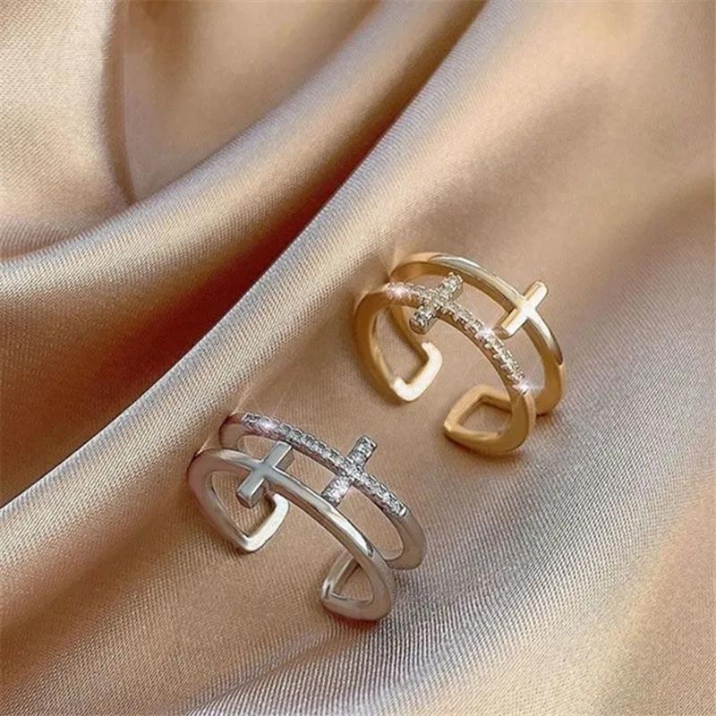 Gold Double Cross Zircon Ring for Women, Luxury Vintage Shiny Zircon Inlaid Finger Ring Fashion Jewelry Gift