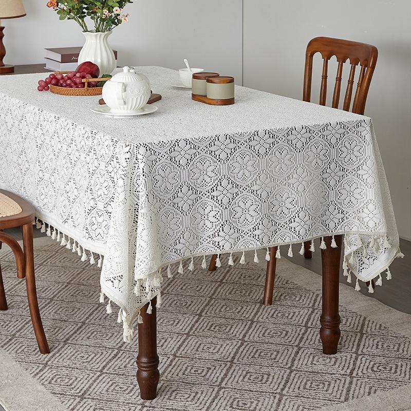 Elegant Pastoral Cotton-Linen Lace Tablecloth: Artistic, Dustproof, Non-Slip, Heat-Resistant, Hollow Design