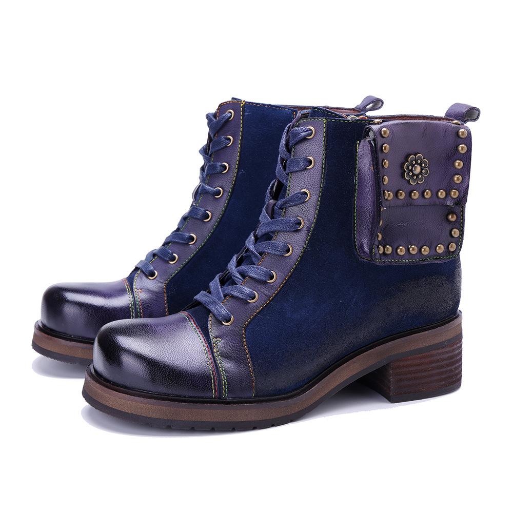 Johnature Botas Curtas de Salto Grosso Estilo Britânico com Rebites e Costura em Couro Genuíno Retrô Feitas à Mão para Mulher