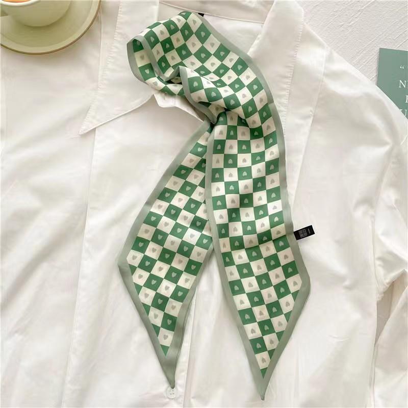 Small White And Tender Green Silk Scarf For Women, Thin Streamer, Headband, Hair Tie, Bag Decoration Long
