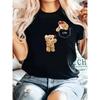 Womens Black Cute Teddy Bear LOVE Graphic T Shirt Soft Round Neck Short Sleeve Casual All Season Top