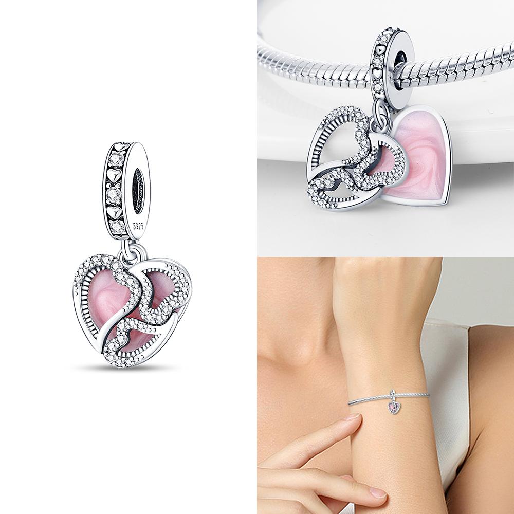 Copper Color Trunk Heart Shape Bow Pink Charms Beads Fitoriginal Bracelets Fine Diy Birthday Women Jewelry Gift