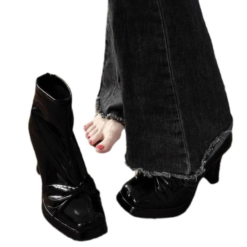 Móda Móda Temperament Dámské Boty Jaro Nové Podpatky se Čtvercovou Špičkou Jednoduché Všestranné Dámské Kotníkové Boty Protiskluzové Dámské Boty na Silné Podrážce