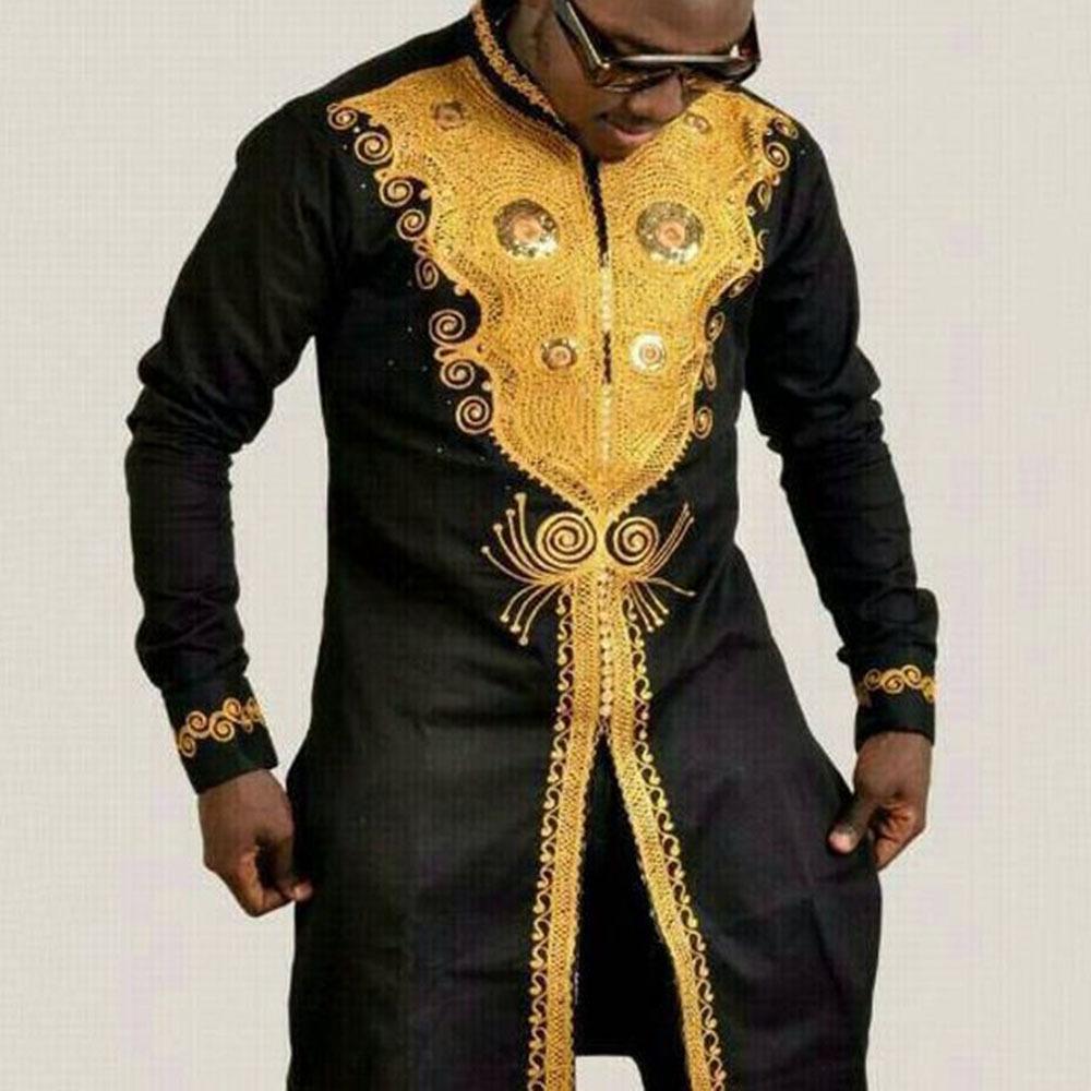 2021 Cross-border African Style Plus Size Shirt with Golden Print and Side Slit
