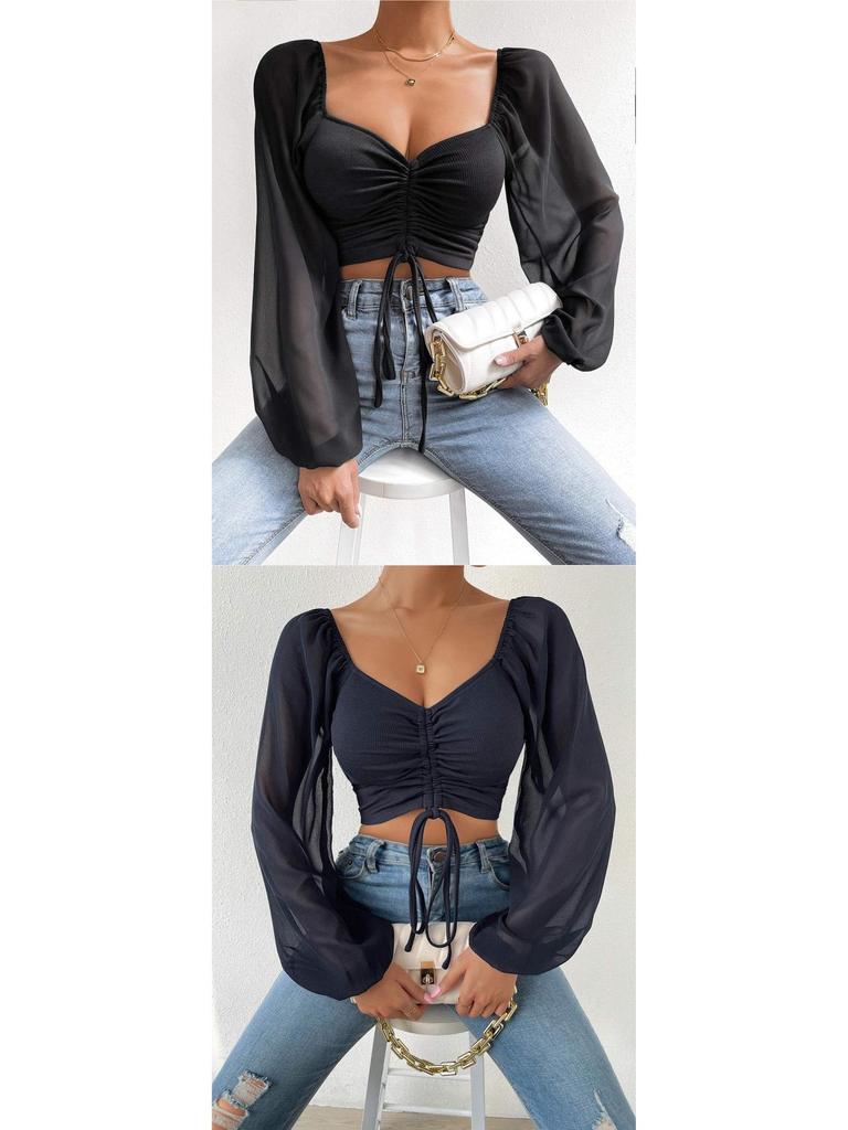 Summer V-Neck Chiffon Lantern Sleeve Drawstring Top