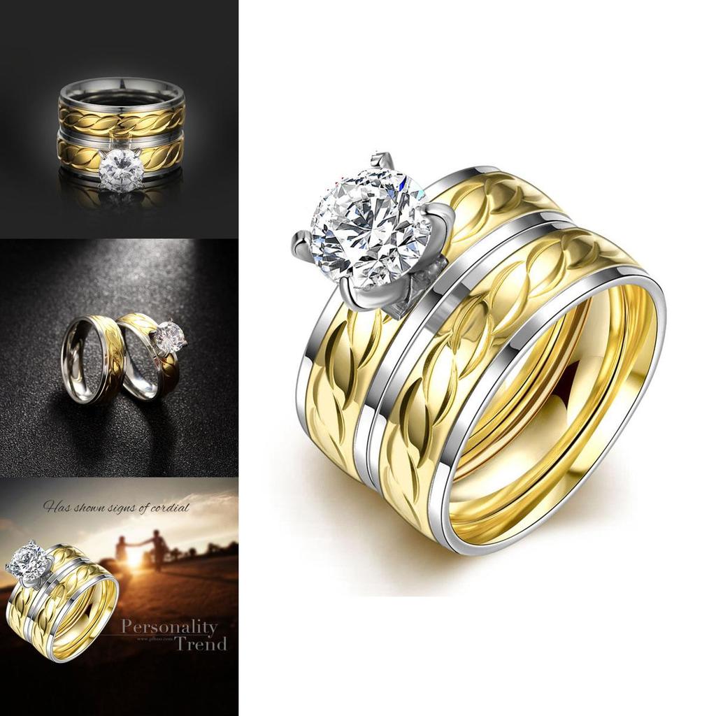 Stylish Gold Titanium Steel Ring For Couples Featuring Hidden Zircon Stone Design
