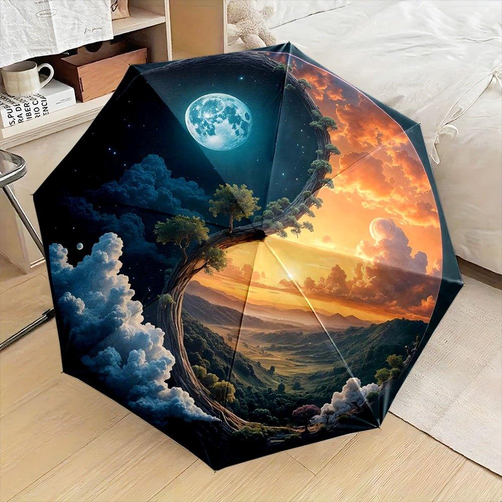 Folding umbrella Yin-yang sky design with moon, sun, and swirling clouds Creative portable folding umbrella for Christmas and (as the picture,Iron&8K)