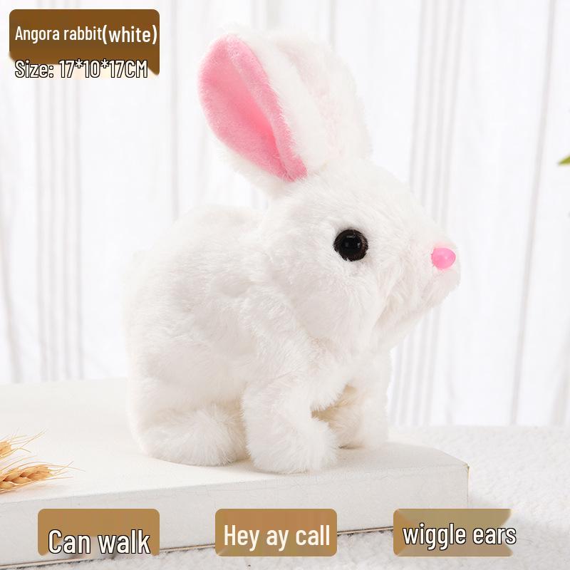 Plush Interactive White Rabbit Toy - Walking, Talking, Ear-Wiggling, Mouth-Moving Long-Haired Pet Simulation.