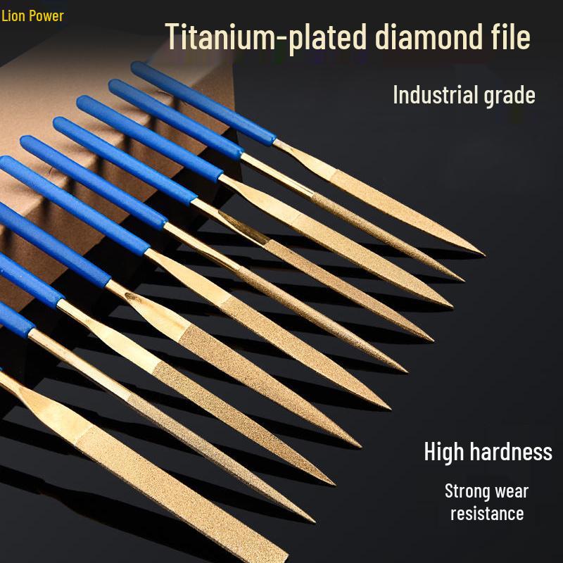 Sada diamantových pilníků Lionwei s titanovým povlakem - 3", 4", 5" Různé ploché, malé a trojúhelníkové pilníky pro broušení slitin.