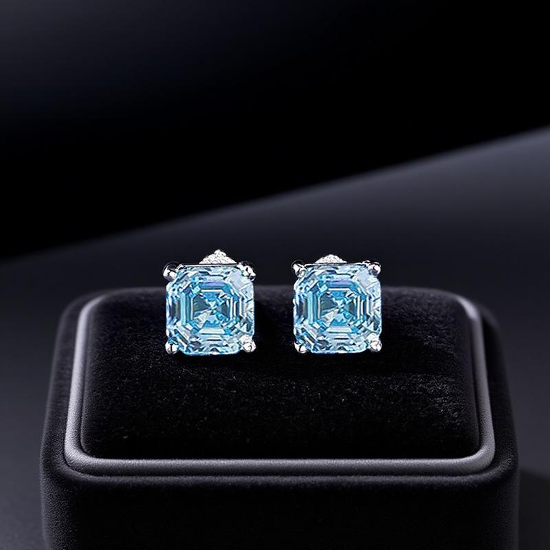 2025 Sea Blue Pagoda Simulated Diamond Stud Earrings in 925 Silver