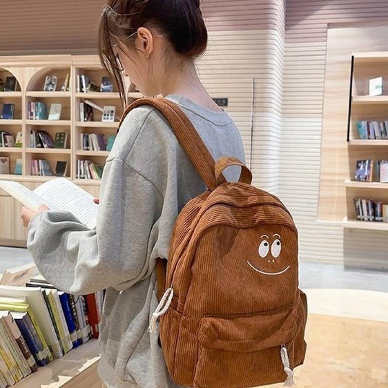 Solid Color Corduroy Backpack with Cute Anime Smiley Face Design, Large Capacity Student School Bag for Casual Use, Unisex