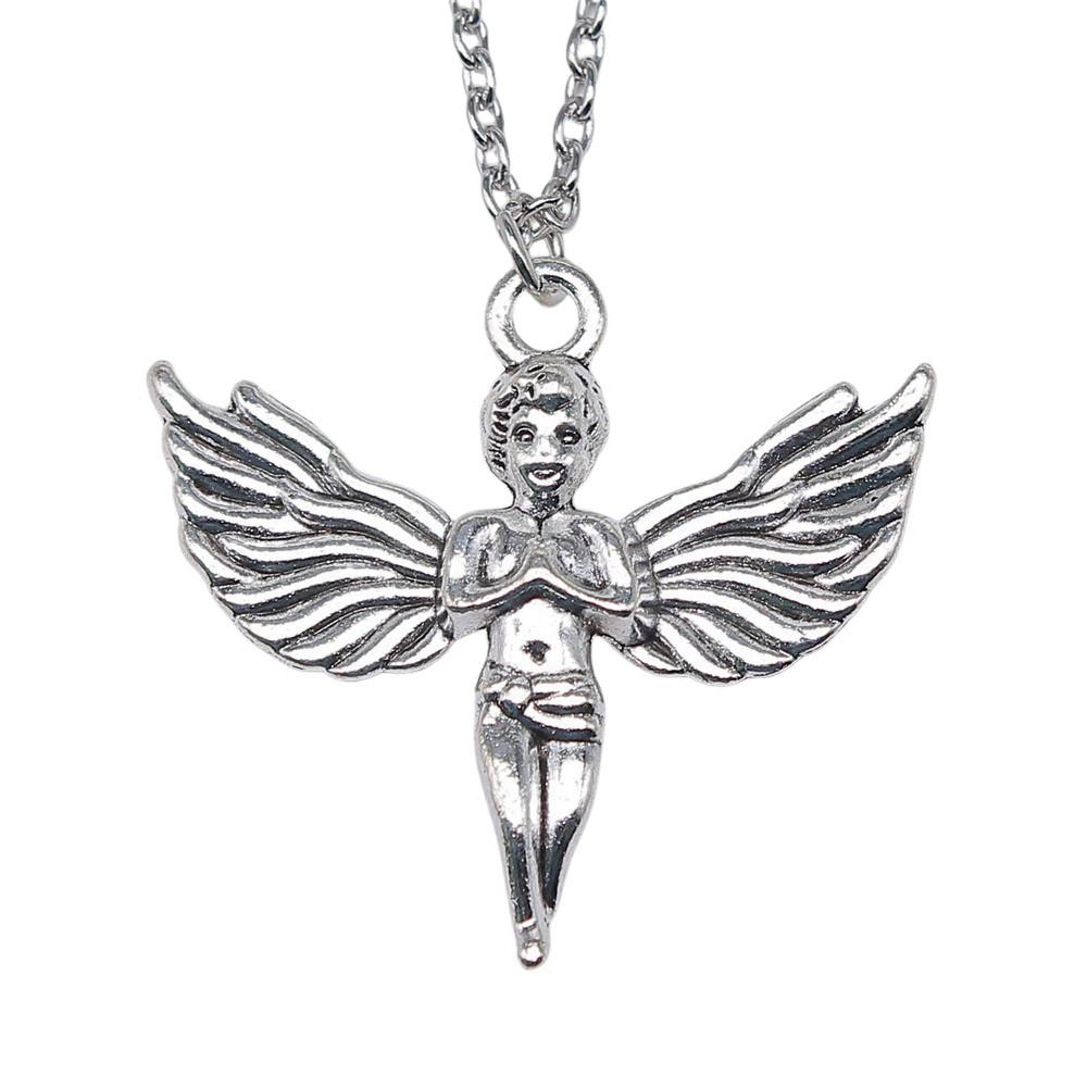 Angel Wing & Open Heart Pendant Necklace Romantic Gothic Statement Jewelry 45cm or 70cm Long Chain