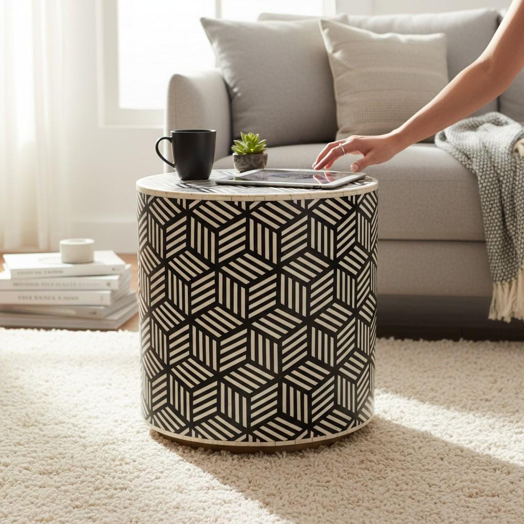 Wood Bone Inlay Drum Side Table, Bone Coffee Table Modern Patterned Cylinder Decor Table | Modern Cube Pattern Side Table | Central Table