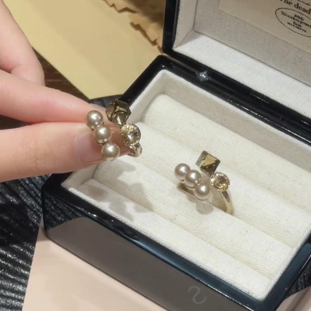 Anel de zircônia quadrada pérola temperamento retrô francês anel dedo indicador joia requintada personalizada