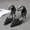 Women's Vulcanized Shoes Black French Hollow Out Thin Heel Pointed Toe Single Strap High Heels for Girls