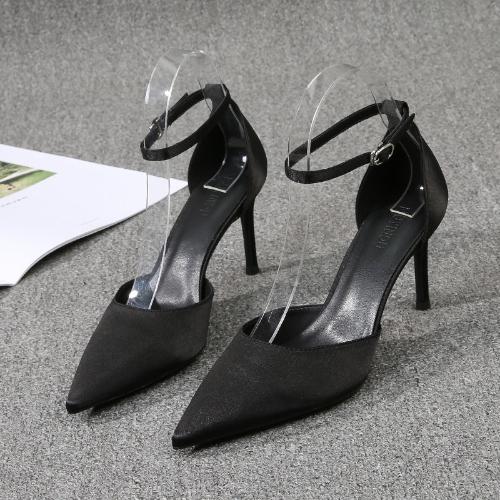 Women's Vulcanized Shoes Black French Hollow Out Thin Heel Pointed Toe Single Strap High Heels for Girls