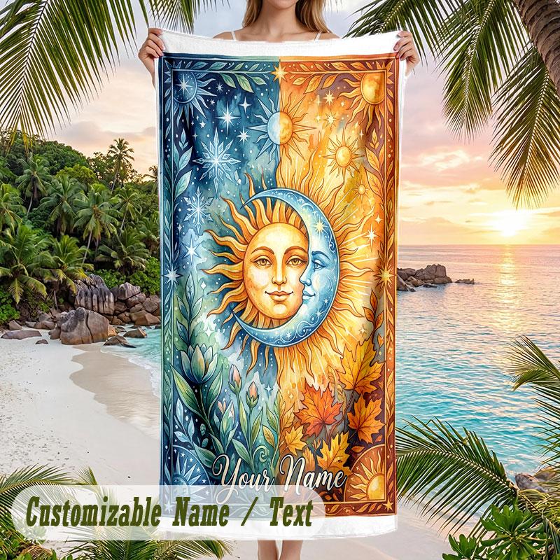 Sun Moon Art Theme Quick Dry Beach Towel Custom Name Text Print Large Sand Resistant Towel Beach Vacation