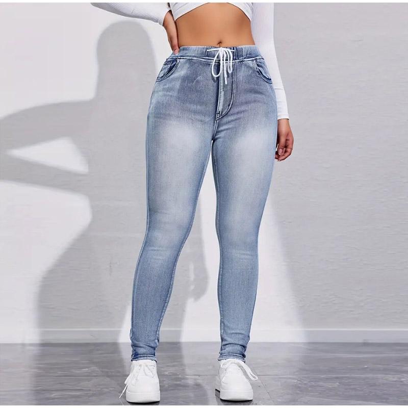 High Stretch Drawstring Denim Inspired Leggings for Women High Waist Slim Fit Lifted Buttocks Solid Color Tight Pants Spring